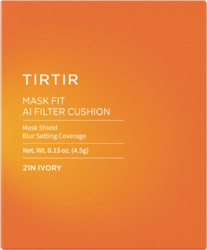 Mini matujący podkład TIRTIR Mask Fit AI Filter Cushion 21N Ivory w pomarańczowym pudełku, z przodu.