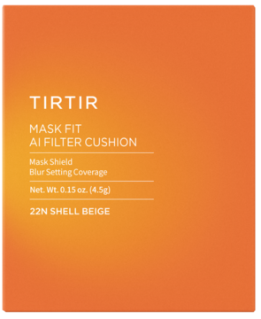 Matujący podkład TIRTIR Mask Fit AI Filter Cushion 22N Shell Beige w pomarańczowym pudełku.