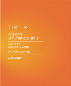 Pomarańczowe opakowanie podkładu TIRTIR Mask Fit AI Filter Cushion 23N Sand, matujący kompakt, widok z przodu.
