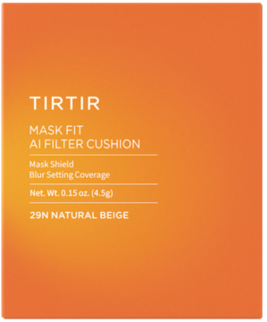 Przód pomarańczowego opakowania TIRTIR Mask Fit AI Filter Cushion, 29N Natural Beige, podkład matujący.