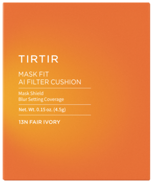 Mini podkład TIRTIR Mask Fit AI Filter Cushion 13N Fair Ivory w pomarańczowym opakowaniu, widok z przodu.