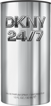 Srebrny flakon DKNY 24/7 Eau de Parfum 30ml, cylindryczny, metaliczny, widok z przodu z wytłoczonym logo.