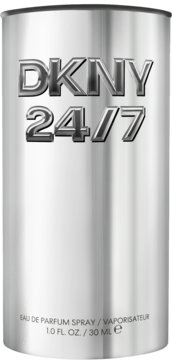 Srebrna, metaliczna butelka DKNY 24/7 EDP 30ml dla kobiet, z wytłoczonym logo, widok z przodu na czarnym tle.