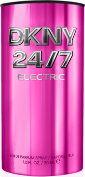 Różowy, metaliczny flakon DKNY 24/7 Electric Eau de Parfum, widok z przodu, srebrne napisy.