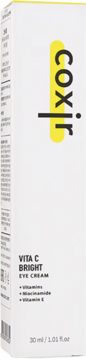 Coxir Vita C Bright Eye Cream w białym pudełku z żółtym logo i witaminami, widok z przodu i boku, 30ml.