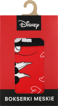 Czerwone bokserki męskie Disney z motywem Myszki Miki i serc, widoczne w kartonowym opakowaniu.
