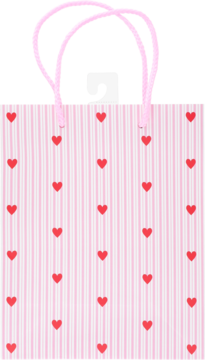 Elegancka torebka prezentowa w różowo-białe paski, z czerwonymi serduszkami i różowymi uchwytami, widok z przodu.