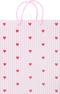 Różowa torebka prezentowa w pionowe paski i czerwone serduszka, z różowymi uchwytami, widok z przodu.