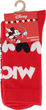 Red Disney Mickey Mouse men's socks, Cupid graphic, white 'MICKEY' text, front view.