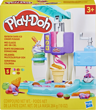 Play-Doh Rainbow Swirl Ice Cream Playset na żółtym pudełku, z maszynką tworzącą kolorowe lody z ciastoliny.