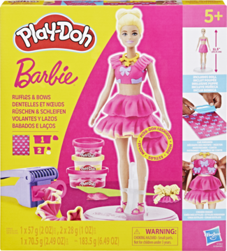 Play-Doh Barbie zestaw Falbanki i Kokardki z lalką w różowej sukience, widok przodu pudełka.