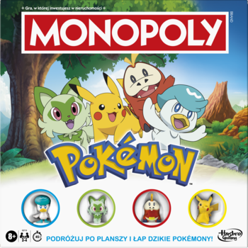Monopoly Pokemon, pudełko z Pikachu i trzema startowymi Pokemonami na zielonym tle, widok z przodu. Planszówka.