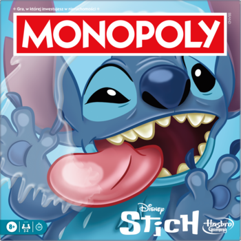 Monopoly Disney Stitch: front pudełka gry planszowej z radosnym Stichem z wystawionym językiem.