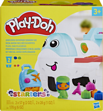 Play-Doh Starters Samolot Odkrywcy zestaw 170g, wiek 3+. Żółte pudełko z białym samolotem i akcesoriami.