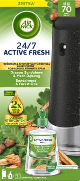 Air Wick 24/7 Active Fresh Sandalwood & Forest Oak zestaw: automatyczny odświeżacz i wkład, widok z przodu.