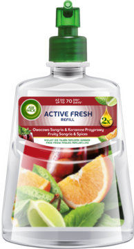 Air Wick Active Fresh Refill, zapach Fruity Sangria & Spices, przezroczysta butelka z zieloną nakrętką, widok z przodu.