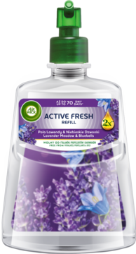 Air Wick Active Fresh refill Lawenda & Dzwonki, przezroczysta butelka z zieloną nakrętką, z przodu, fioletowa etykieta.