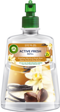Air Wick Active Fresh refill Zmysłowa Wanilia & Masło Shea. Transparentna butelka z pomarańczową etykietą, widok z przodu.