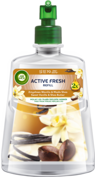 Air Wick Active Fresh refill Zmysłowa Wanilia & Masło Shea. Transparentna butelka z pomarańczową etykietą, widok z przodu.