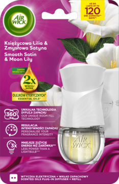 Air Wick dyfuzor plug-in Smooth Satin & Moon Lily, biało-złoty, widoczny przez fioletowe opakowanie z liliami.