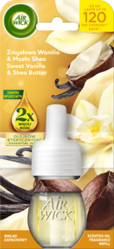 Air Wick wkład do odświeżacza, zapach Sweet Vanilla & Shea Butter, butelka i dyfuzor na tle wanilii.