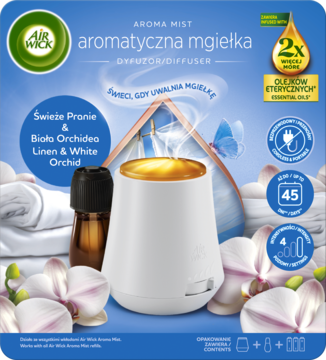 Biały dyfuzor Air Wick Aroma Mist Linen & White Orchid z olejkiem eterycznym, widok z przodu na opakowaniu.