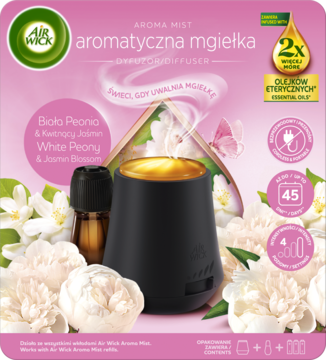 Air Wick Aroma Mist, czarny dyfuzor z wkładem, zapach Białej Peonii i Jaśminu, z 2x olejkami eterycznymi, widok z przodu.
