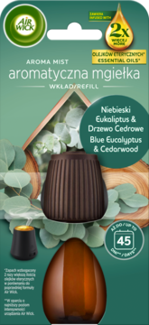 Air Wick Aroma Mist wkład Niebieski Eukaliptus & Cedr. Zielone opakowanie z butelką, dyfuzorem i 2x olejków.