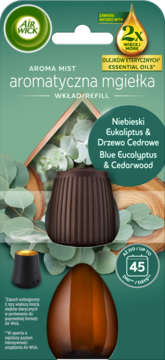 Air Wick Aroma Mist wkład Niebieski Eukaliptus & Cedr. Zielone opakowanie z butelką, dyfuzorem i 2x olejków.