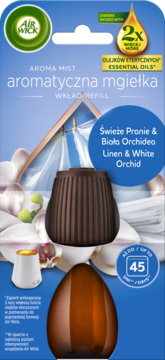 Air Wick Aroma Mist wkład, zapach Świeże Pranie & Biała Orchidea, brązowy, z 2x olejkami, w opakowaniu, z przodu.