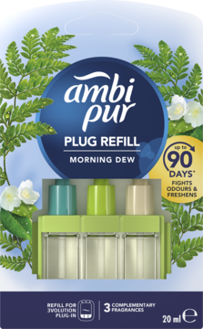 Ambi Pur Plug Refill Morning Dew, 3 wkłady do odświeżacza w błękitno-zielonym opakowaniu z roślinami.