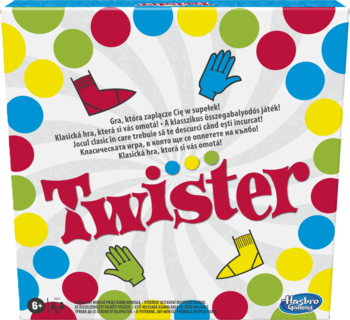 Tył pudełka gry Twister z kolorowymi kropkami, czerwonym logo oraz obrazkami dłoni i stóp, z napisami.