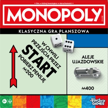 Pudełko gry Monopoly, klasyczna planszówka. Widok z przodu, z fragmentem planszy: START i Aleje Ujazdowskie, z kostkami.