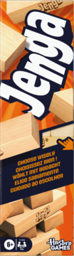 Pionowe pudełko gry Jenga z logo, dynamicznie spadającymi drewnianymi klockami i napisem "CHOOSE WISELY" na pomarańczowym tle.