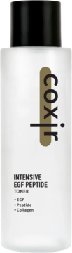 Biała butelka Coxir Intensive EGF Peptide Toner, ujędrniający i nawilżający, z czarną nakrętką, widok z przodu.