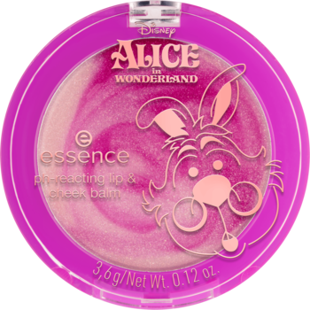 Różowy balsam Essence Alice in Wonderland pH-reacting do ust i policzków, kompakt z Białym Królikiem, widok z góry.