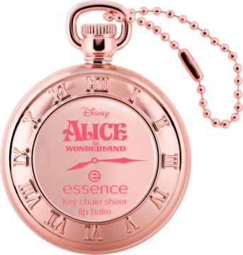 Różowozłoty balsam do ust Essence Alice in Wonderland w kształcie zegarka kieszonkowego, z łańcuchem.