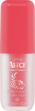 Różowy matowy róż w musie Essence Disney Alice in Wonderland, pionowa butelka z grafiką kota.
