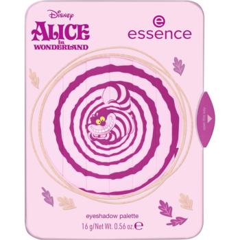 Jasnoróżowa, prostokątna paleta cieni Disney Alice in Wonderland essence, widok z przodu, z purpurowym wirującym wzorem Kota z Cheshire.