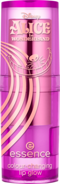 Essence Disney Alice in Wonderland colour-changing lip glow, różowa tubka z uśmiechem Kota Cheshire, widok z przodu.
