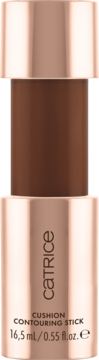 Catrice Espresso Yourself Cushion Contouring Stick, ciemnobrązowy, z różowozłotym opakowaniem, widok z przodu.
