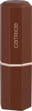 Błyszcząca pomadka Catrice Espresso Yourself Mocha Mousse, brązowa, fasetowane opakowanie z logo, widok z przodu.