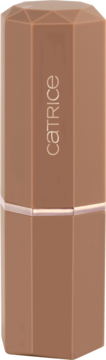 Catrice Espresso Yourself błyszcząca pomadka Macchiato Glow, w beżowym, fasetowanym sztyfcie, z logo Catrice, widok z przodu.