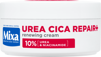 Biały słoik kremu Mixa Urea Cica Repair+ z czerwoną etykietą, widocznym 10% mocznikiem i niacynamidem.