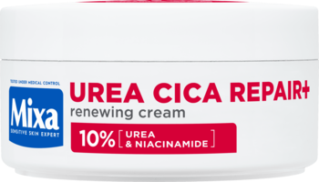 Biały słoik kremu Mixa Urea Cica Repair+ z czerwoną etykietą, widocznym 10% mocznikiem i niacynamidem.