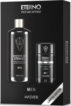 Czarny zestaw Eterno Men Masveri: żel pod prysznic i dezodorant o rześkim, naturalnym zapachu, widok z przodu.