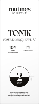 Białe opakowanie toniku Routines rozświetlającego z wit. C, 10% kwasu, 2 krok, symbol dzień/noc.