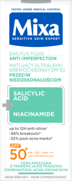 Mixa Daily UV Fluid Anti-Imperfection SPF50 z kwasem salicylowym i niacynamidem, białe opakowanie, widok z przodu.