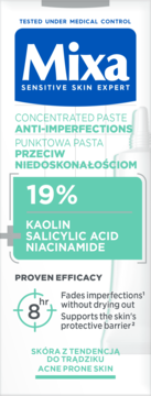 Białe opakowanie Mixa koncentratu na niedoskonałości z Kaolinem, Salicylem i Niacynamidem dla cery trądzikowej.