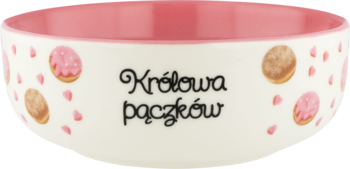 Biała ceramiczna miseczka z różowym wnętrzem, zdobiona kolorowymi pączkami i napisem Królowa pączków, widok z boku.